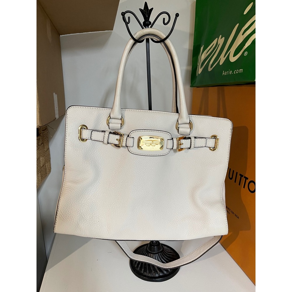 Michael Kors White Leather Tote Handbag Gold Hardware Studded Detail‎